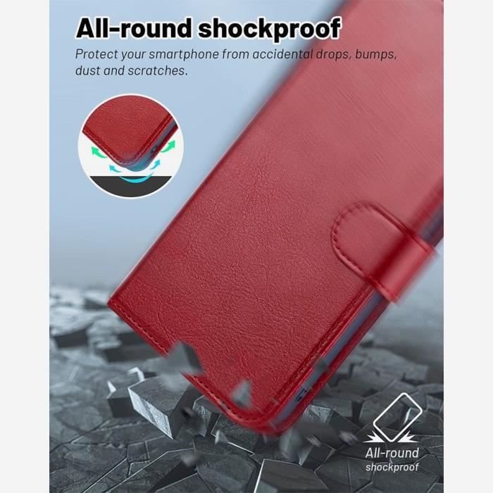 Coque Intégrale pour Samsung Galaxy S24 FE (pas pour S24) - Protection Rabat Cuir Synthétique Antichoc Rouge