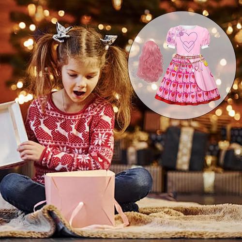 Girls' 4-piece Costume Set, Pink Dress With Pink Wig, Hall