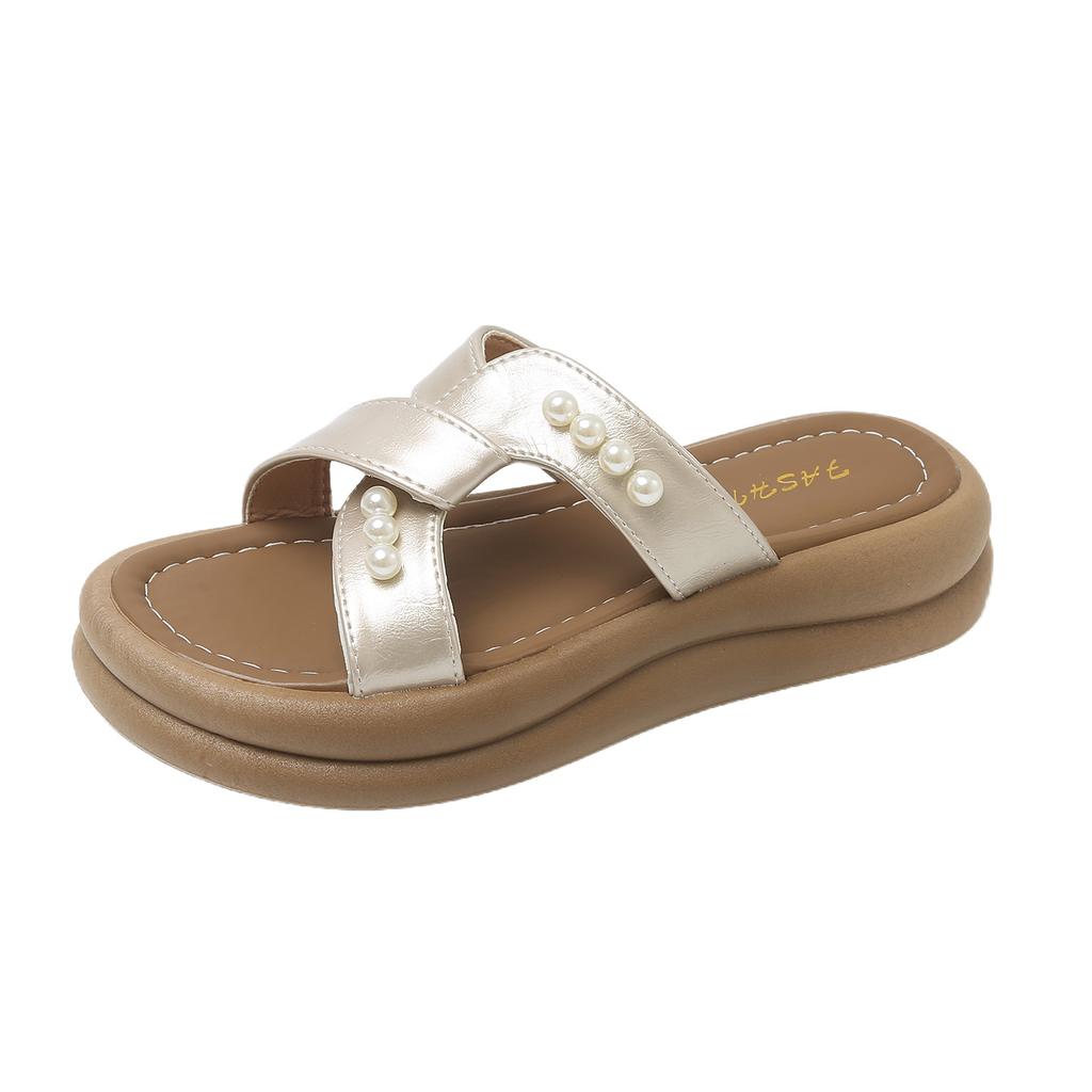 Crossed platform slippers female 2025 summer new with skirt fairy wind beaded casual beach cool slippers