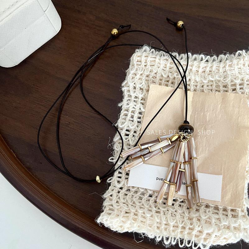 Vintage Tiger Eye Bead Necklace with Clam Tassel and Waxed Rope