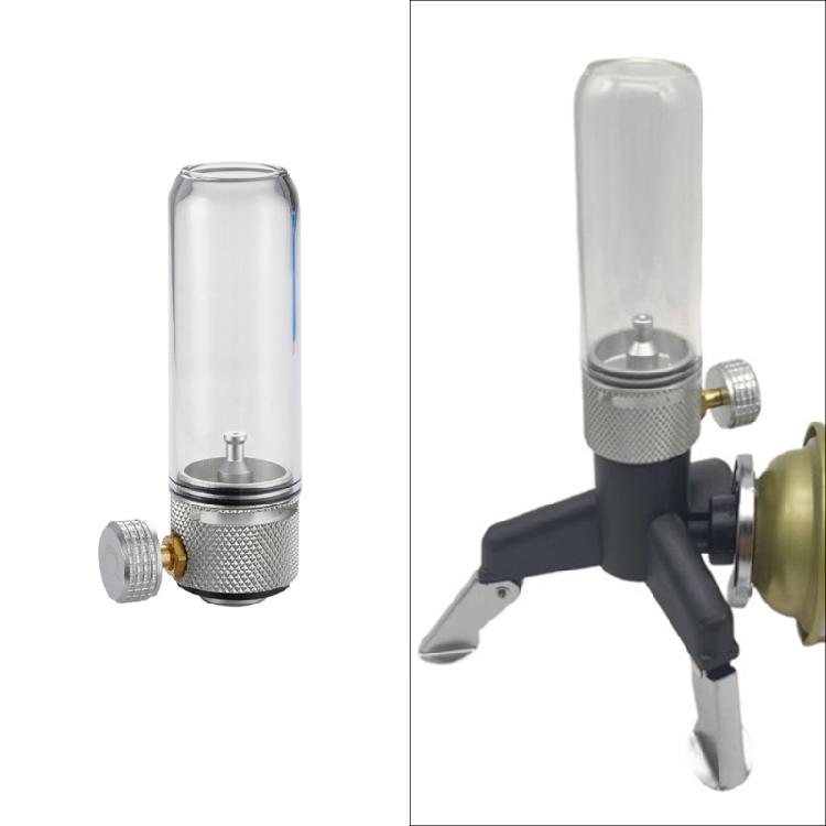 Aluminiowa lampa gazowa o wydłużonym czasie palenia, metaliczna faktura, dla entuzjastów biwakowania na odludziu i aktywności na świeżym powietrzu