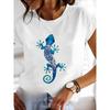 T-shirt da Donna Blu con Grafica di Geco - Manica Corta Girocollo 100% Top Estivo Casual con Stampa Rettile Geometrica,