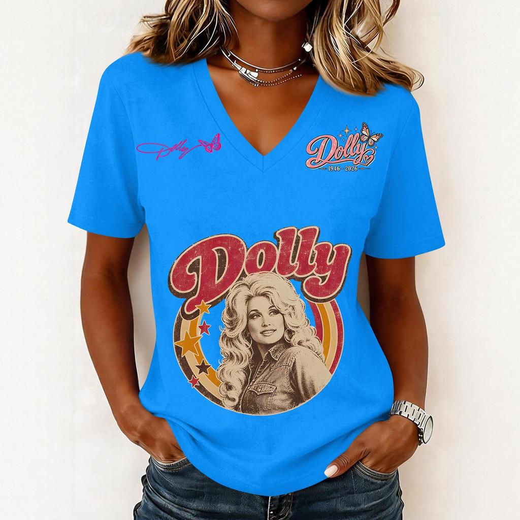 Women's Fashion Casual Letter Print V-Neck Short Sleeve Pullover Top