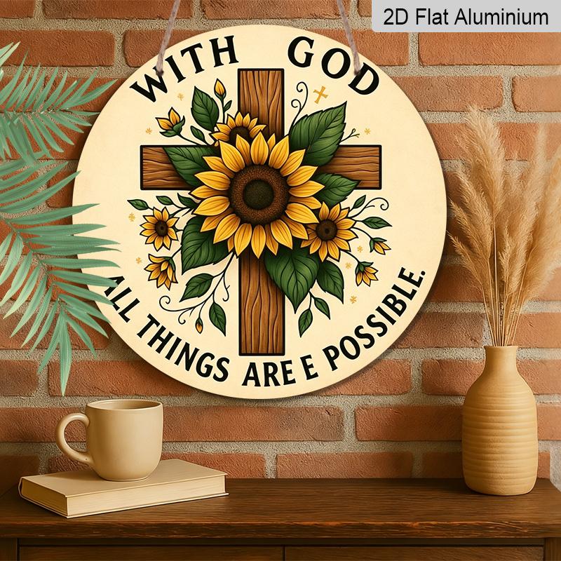 2D Flat, 1pc Interesting Vintage Round Aluminum Sign: Sunflower Cross Theme, Yard, Room, Office, Country Farm Decoration Garden Decoration Club