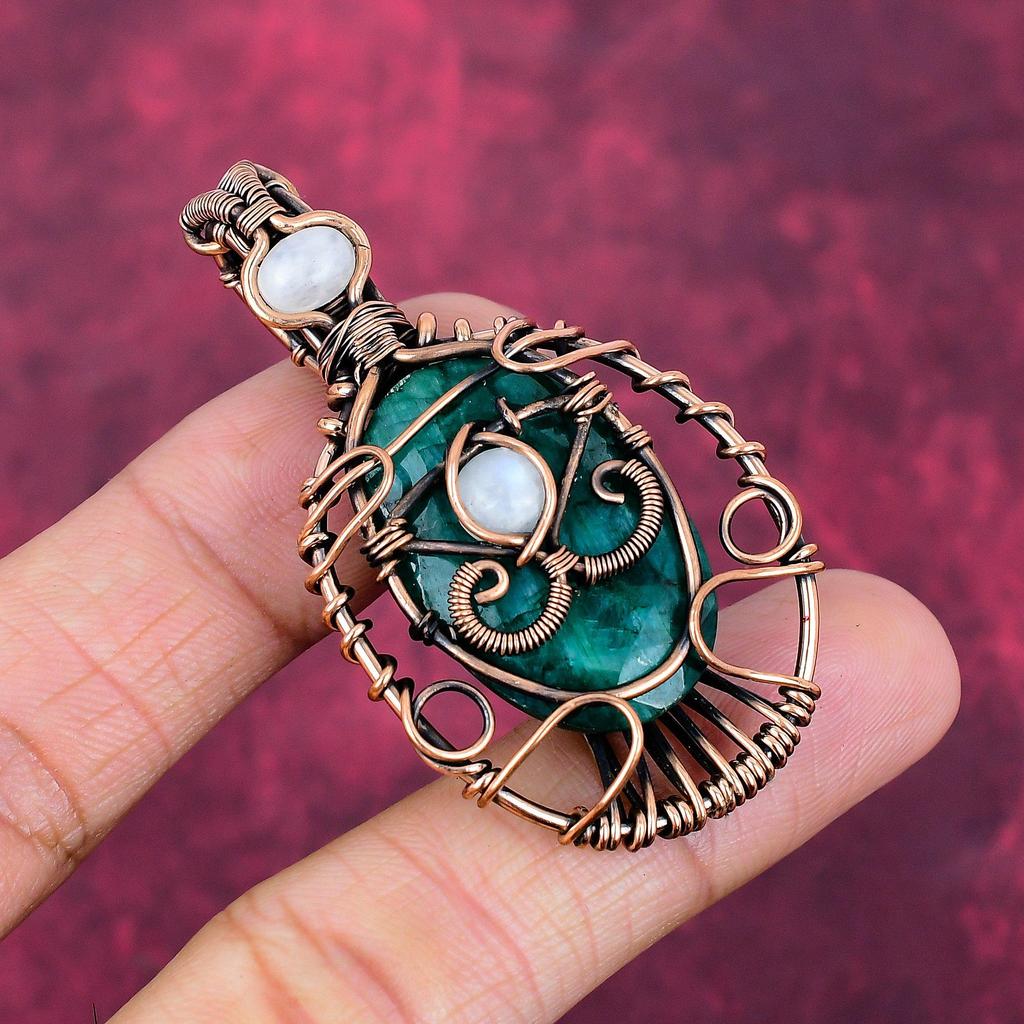 Evil Eye Faceted Zambian Emerald Pendant Copper Wire Wrapped Gemstone Jewelry