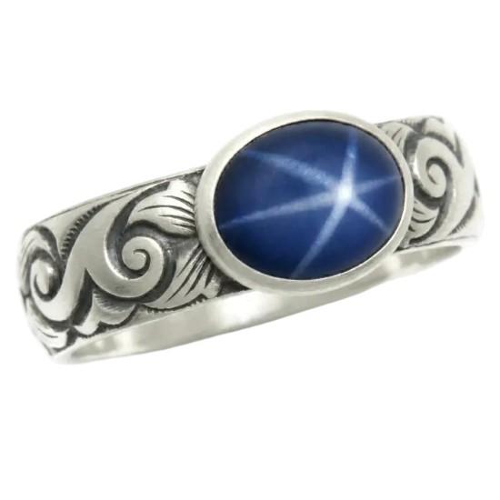 Blue Star Sapphire Ring Flower Wave Pattern - Oval Lab Created - 925 Sterling Silver - Designer Band Ring - Flash Light Star Jewelry