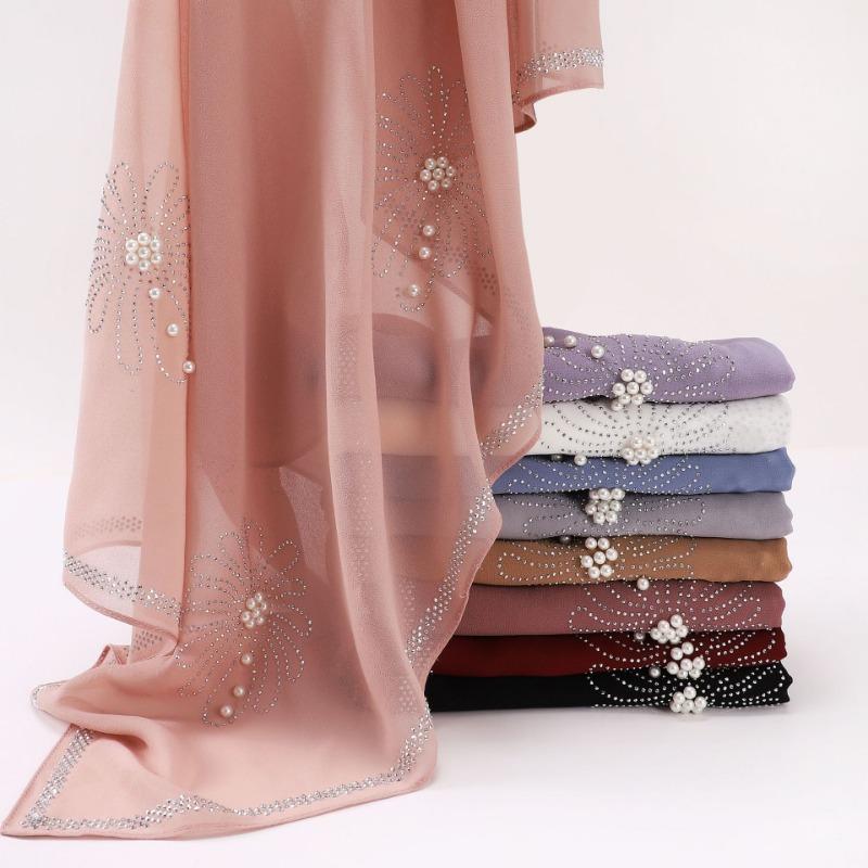 New Pearl Chiffon Daisy Rhinestone Beaded Square Scarf For Women
