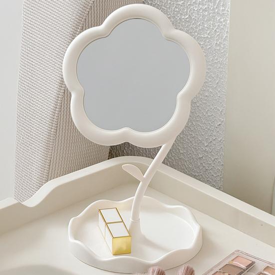 Flower Desk Makeup Mirror with Storage Tray 360 Degrees Rotation Desktop Vanity Mirror Multi-purpose Women Cosmetic Table Mirror Jewelry Organizer