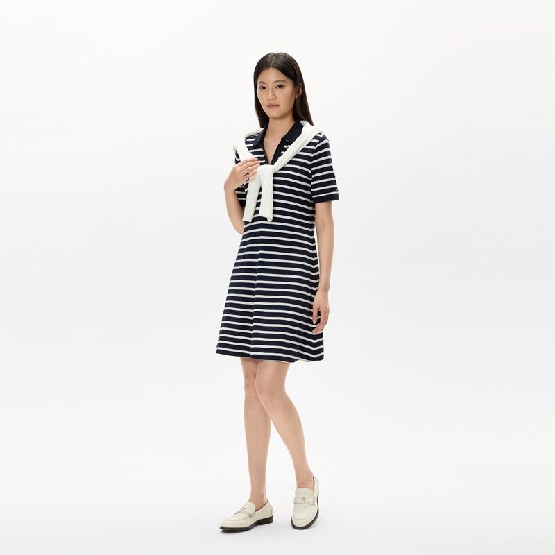 Tommy Hilfiger Rochie Polo Casual cu Gât în V și Dungi, Croială Slim Fit, Mânecă Scurtă, Femei XW0XW03965