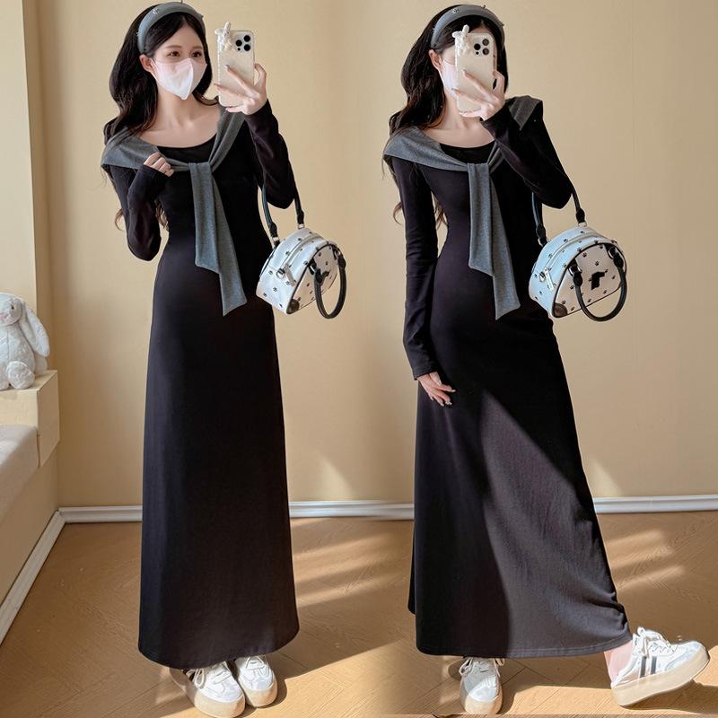 Autumn/Winter French Maternity Slim Fit Mid-Length Dress - Soft, Stylish, Comfortable, Stomach-Friendly.
