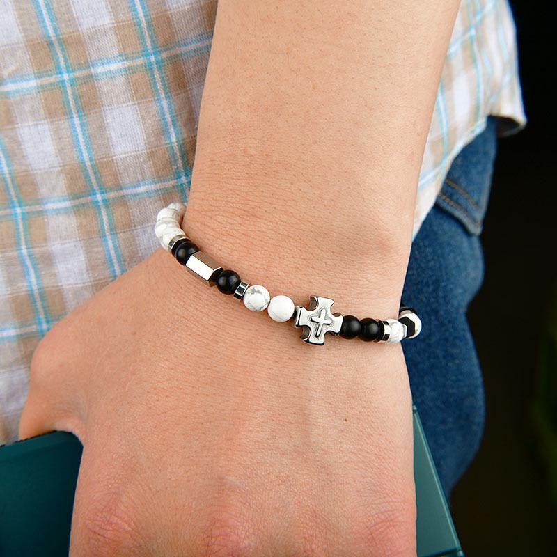 Stainless Steel Double-Sided Cross & Tiger Eye Beaded Bracelet for Men, Adjustable European & American Style