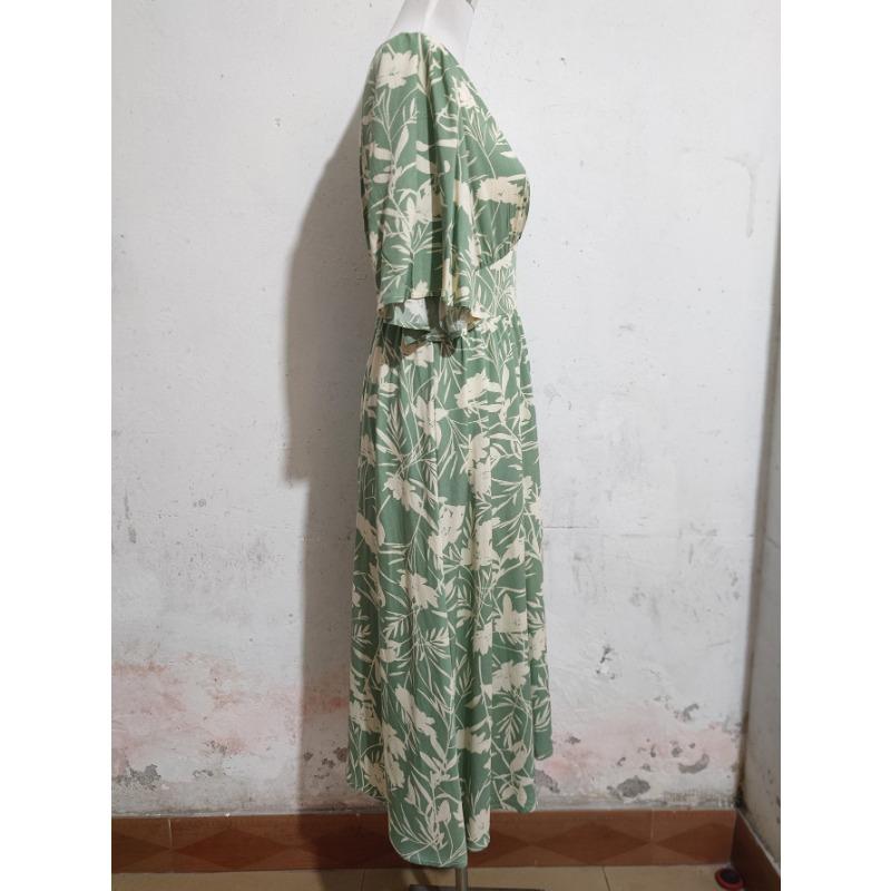 Damen Bedrucktes Kleid mit V-Ausschnitt und kurzen Ärmeln, Taille, Bohemian-Stil, Strandurlaub, Strandkleid