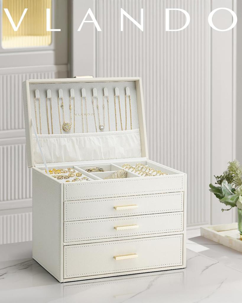 Vlando Large Capacity Jewelry Box with 4 Drawers for Small Items, Earrings, Necklaces, Rings, and Watches (Ivory)