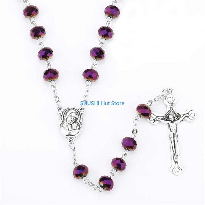 Crystal Beads Rosary Necklace Catholic Holy Land Baby Christian Jesus for Cross Necklaces Religious Jewelry Men D57B