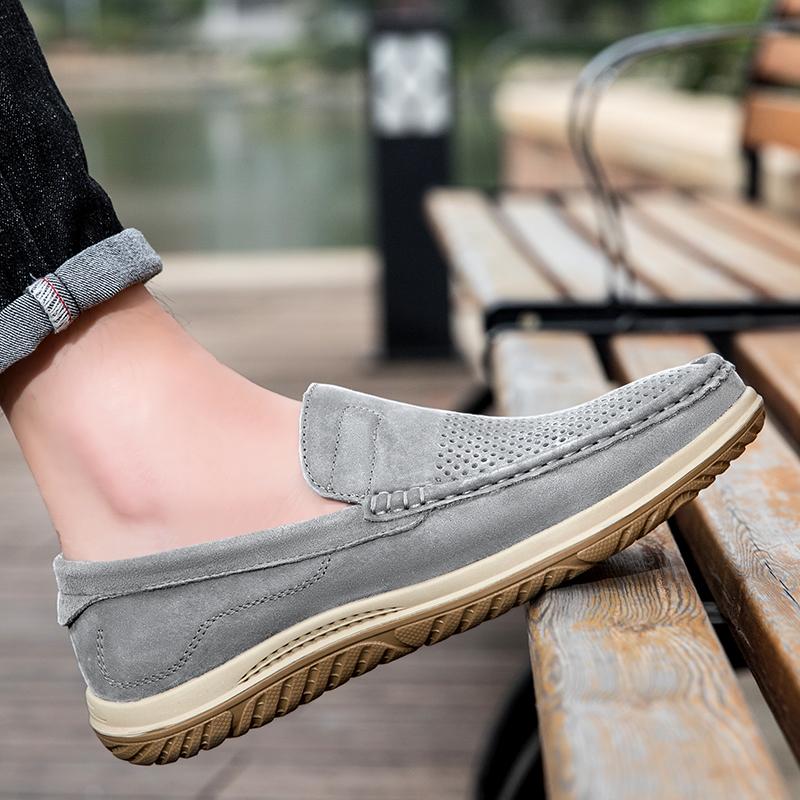 Hollow Out Summer Loafers Luxury Genuine Leather Mens Shoe Suede Male Casual Shoes Breathable Soft Driving Shoes Walking Shoes