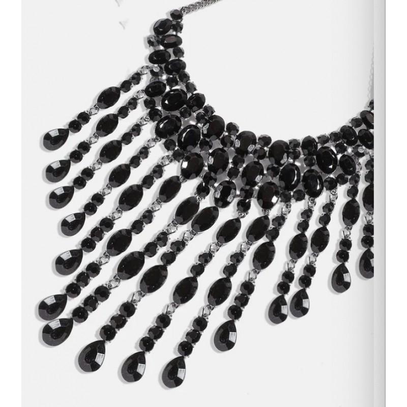 Layered Waterfall Rhinestone Necklace Women Bold Geometric Drop Pendant Chain In Gold Gunmetal