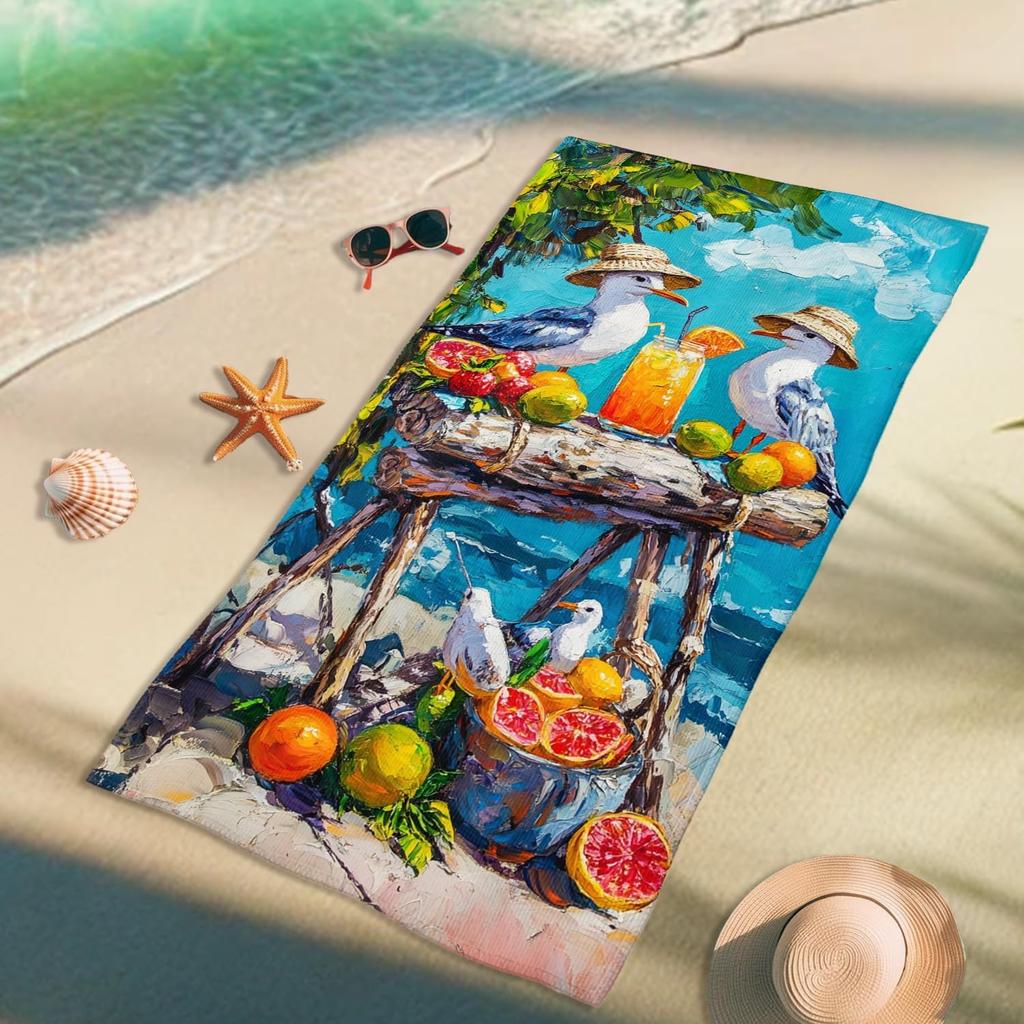 Vibrant Seagulls Fruit Beach Towel Turquoise Tropical Art Towel, Quick Dry Absorbent Sand Free Lightweight Beach Blanket, Summer