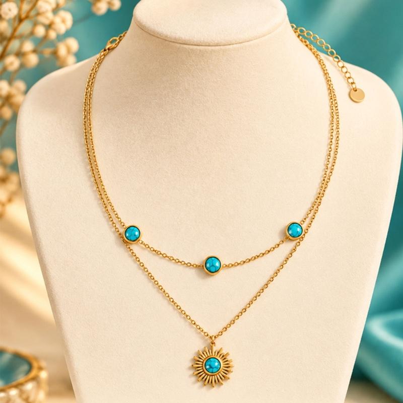 Gold-Tone Double-Strand Necklace Design with Stainless Steel and Titanium Steel Construction, Sunflower Pendant, and Adjustable Collarbone Chain