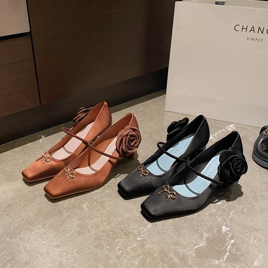 6408 High Heels Women's Thick Heels Women's 2025 New Square Head Mary Jane Shoes French Light Mouth Flower Single Shoes