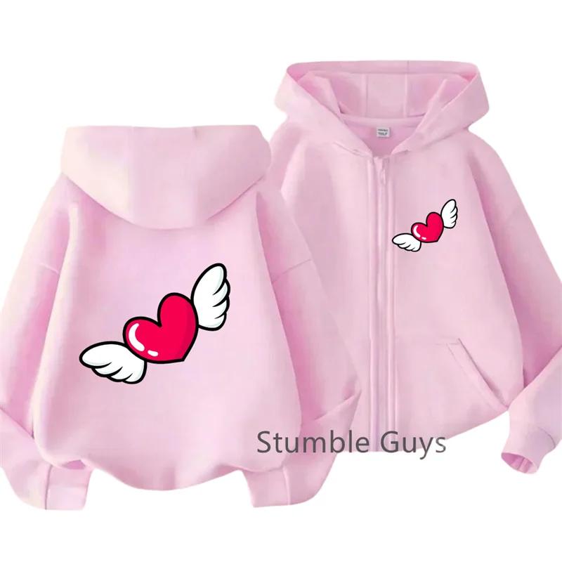 Winged Red Heart Front Back Graphic Zip Up Hoodie For Kids Long Sleeve Loose Casual Warm Daily Outerwear Boys Girls Cartoon Jack