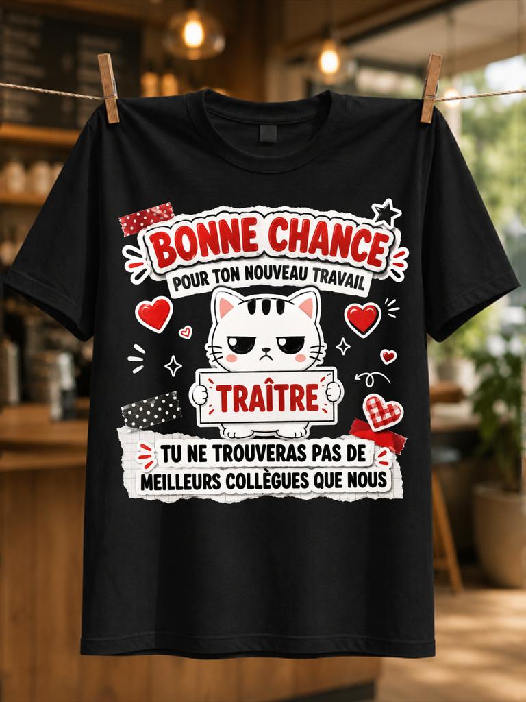 French New Job Traitor Grumpy Cat With Crossed Arms And Worn Lettering Sarcastic Coworker Farewell Unisex All Tshirt