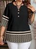 Plus Size Women's Casual V-Neck Buttoned Loose 3/5 Sleeve All-Over Print Shirt for Spring/Summer