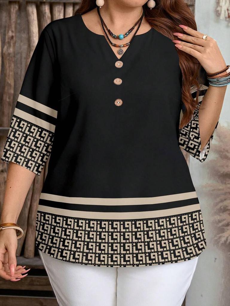 Plus Size Women's Casual V-Neck Buttoned Loose 3/5 Sleeve All-Over Print Shirt for Spring/Summer