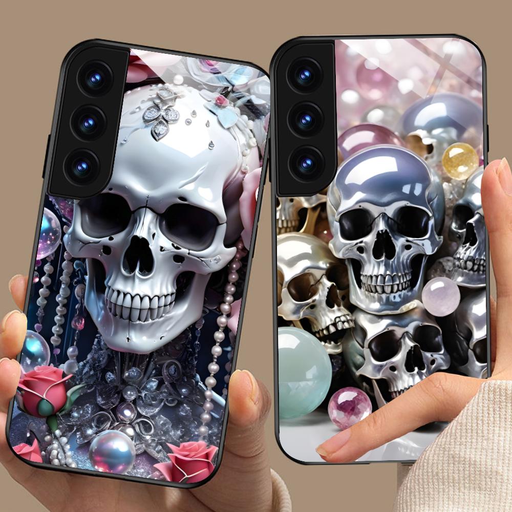 Silberne Totenkopf Glas Handyhülle für Samsung Galaxy S26 S25 S24 S23 S22 S21 S20 Note20 Plus FE Ultra Bunte Abdeckung