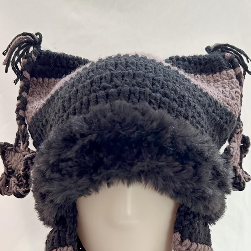 Soft Thick Unisex Warm Knitted Hat, Faux Fur Lined Winter Beanie With Stylish Ear Flaps & Tassels For Cold Weather Outdoor Use