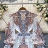 Spring Autumn Dresses Women V-neck Lantern Long Sleeves Floral Single Breasted High Waist Vintage Gorgeous Party Mini Dress Robe