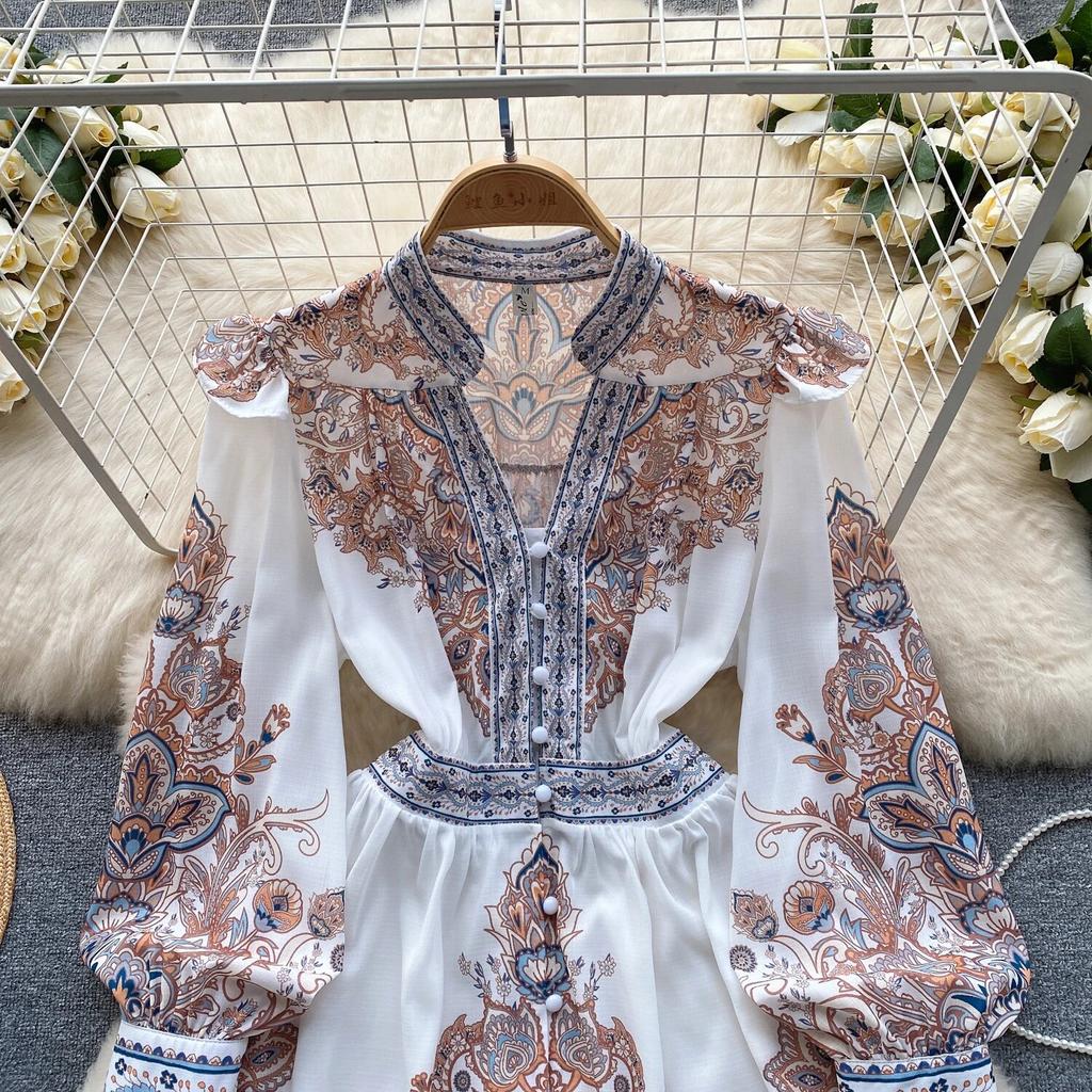 Spring Autumn Dresses Women V-neck Lantern Long Sleeves Floral Single Breasted High Waist Vintage Gorgeous Party Mini Dress Robe