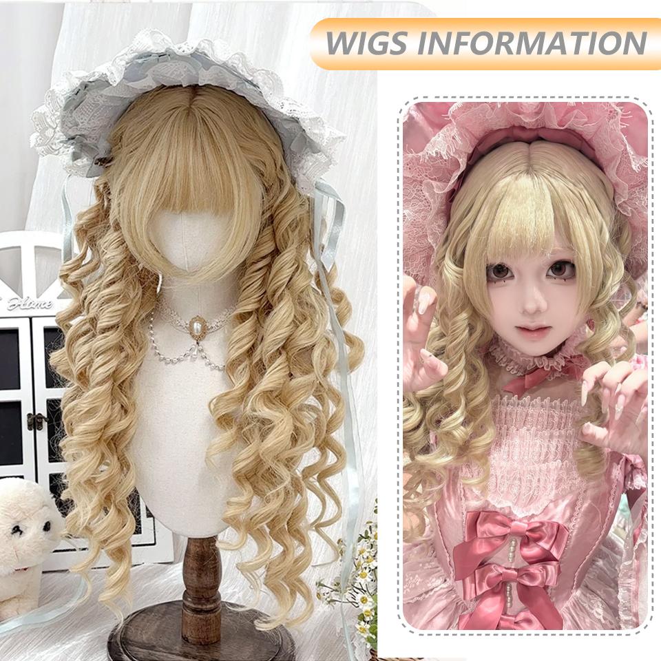 Gold Deep Wavy Lolita Wig with Bangs Synthetic Golden Pink Brown Long Curly Cosplay Natural Wigs for Women Halloween Party Daily