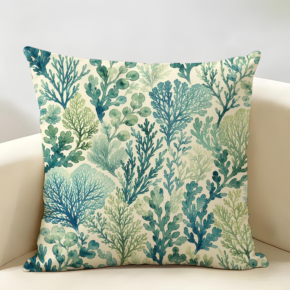 Green And Blue Coral Leaves Cushion Cover Natural Linen Organic Fabric Double-Sided Printing Breathable Perfect For Home Decor