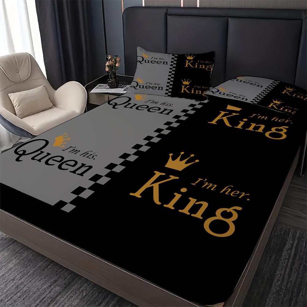 Queen King Golden Crown Couple Print Fitted Sheet Set 1* Fitted Sheet+2*Pillowcases Mattress Cover Soft Breathable Bedding Set