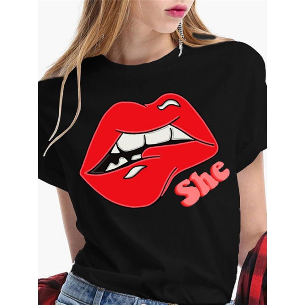 Fashion Sexy Red Lip Women T Shirt Funny Kiss Lips Print Ladies T-shirt Casual Basis O-collar Short Sleeves Female Tops Tees