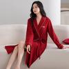 Waffle Nightgown Women'S Spring And Autumn Red Cotton Long-Sleeved Pajamas Bathrobe Bathrobe Dressing Gown