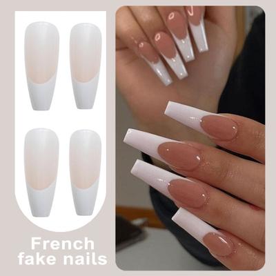 24Pcs/Set DIY Nail Art Kit False Nails Wearable Press-on Nails with Glue Waterproof Gel Fake Nails Full Cover Flat Head French Tips Artificial