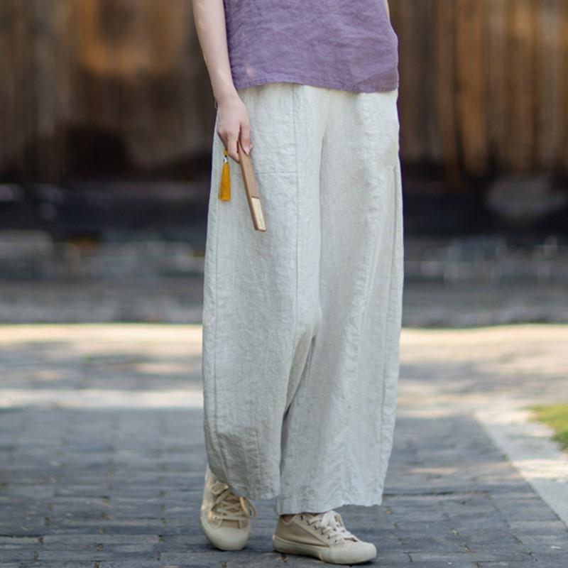 Johnature Women Vintage Pants Summer Chinese Style Solid Color Elastic Waist Trousers Loose Pockets Wide Leg Pants