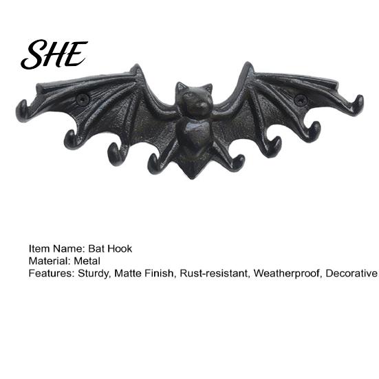 Key Holder Hook Bat Wall Hooks, Black Cast Iron Gothic Coat Rack with 2 Prongs, Rustic Metal Hanging Organizer for Keys Hats Scarves, Industrial Home