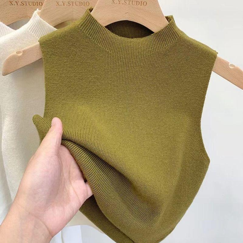 Dámské zeštíhlující pletené tílko s polorolákem, top bez rukávů, barevný blok, francouzský vintage styl, letní, všestranné vrstvení, strečový polyester, jedna velikost