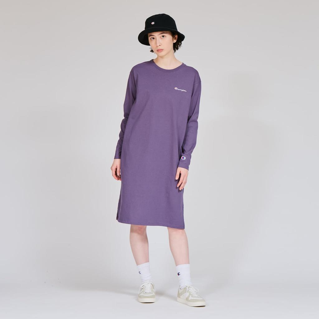 Champion Long Sleeve Crew Neck CottonUSA Script Dull Women's Dress, 100% Cotton, Logo, Purple, CW-W401