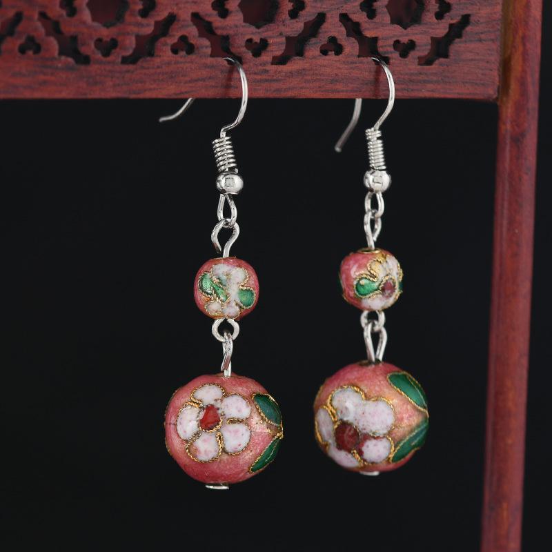 

Перегородчатая эмаль китайские ретро серьги с круглыми бусинами ручной работы серьги из шелковой эмали женские простые серьги ципао 14 мм