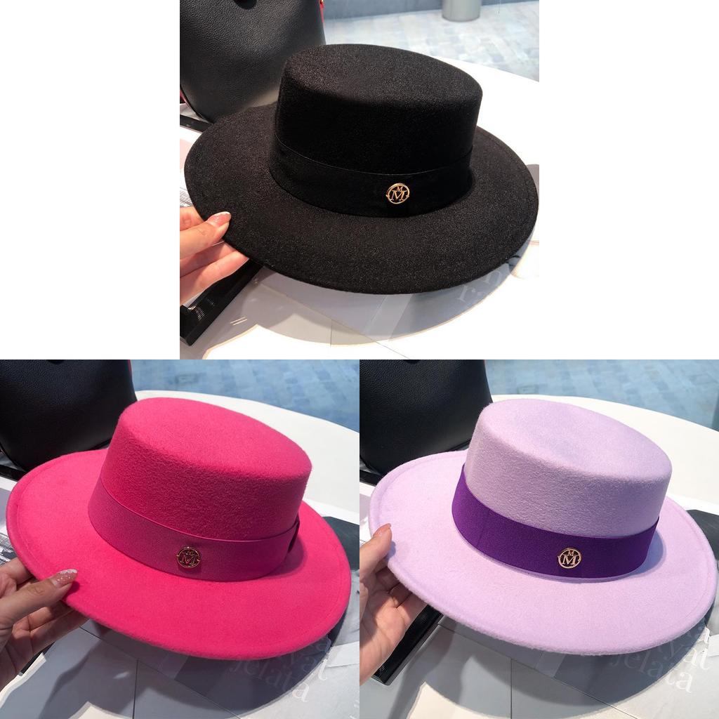 Cappello a tesa piatta in stile britannico con materiale in feltro di lana e tesa larga per la moda invernale