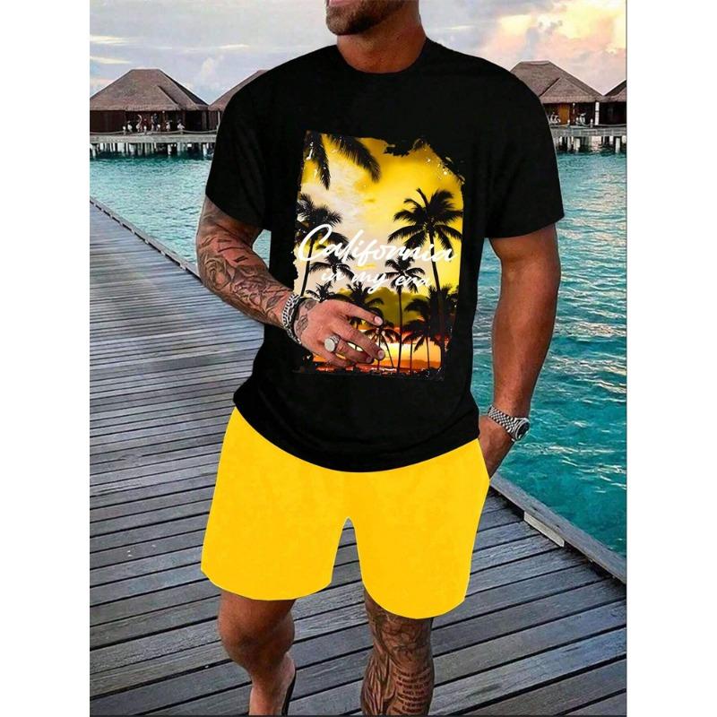 3D Coconut Print Classic Hawaiian Suit 2024 Summer Men's and Women's Gradient T-Shirt Shorts 2-Piece Beach Vacation Tracksuit