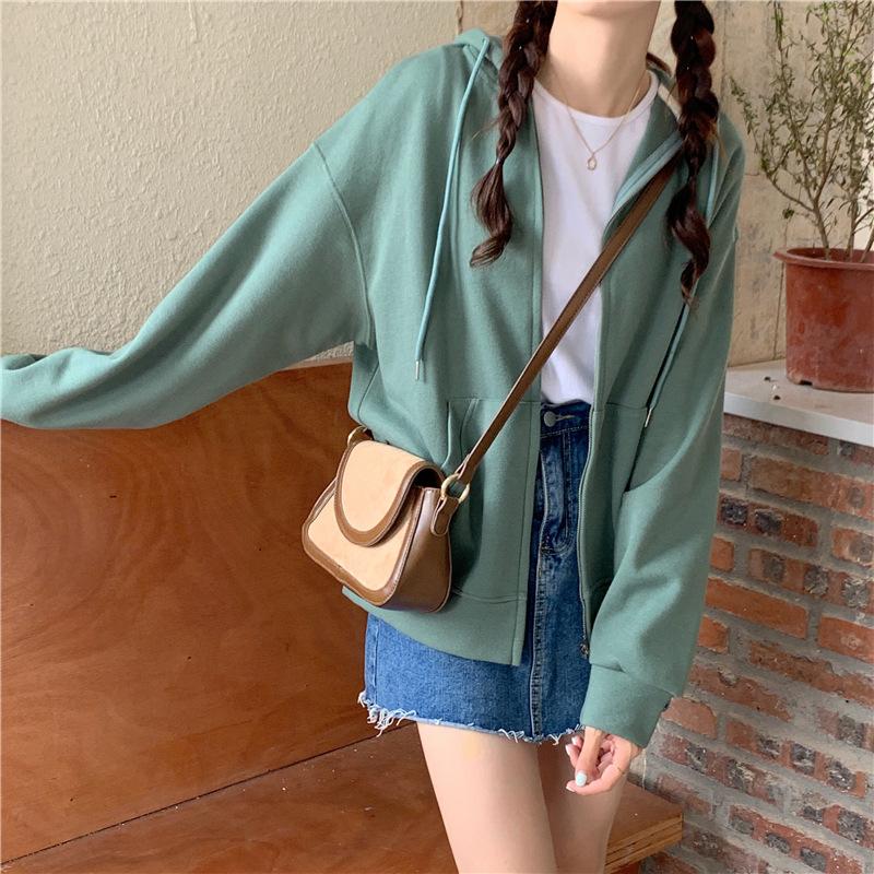 Spring and Autumn Loose Zipper Long-sleeved Cardigan Jacket Women Solid Color Hooded Sweater Students Cardigan Small Jacket