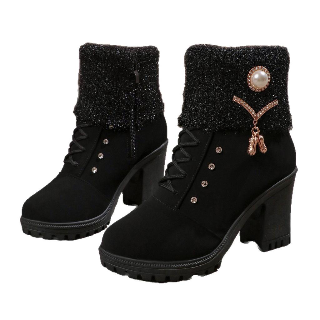 Large size Martin boots winter new British wind and water diamonds wool mouth round head thick heel medium tube