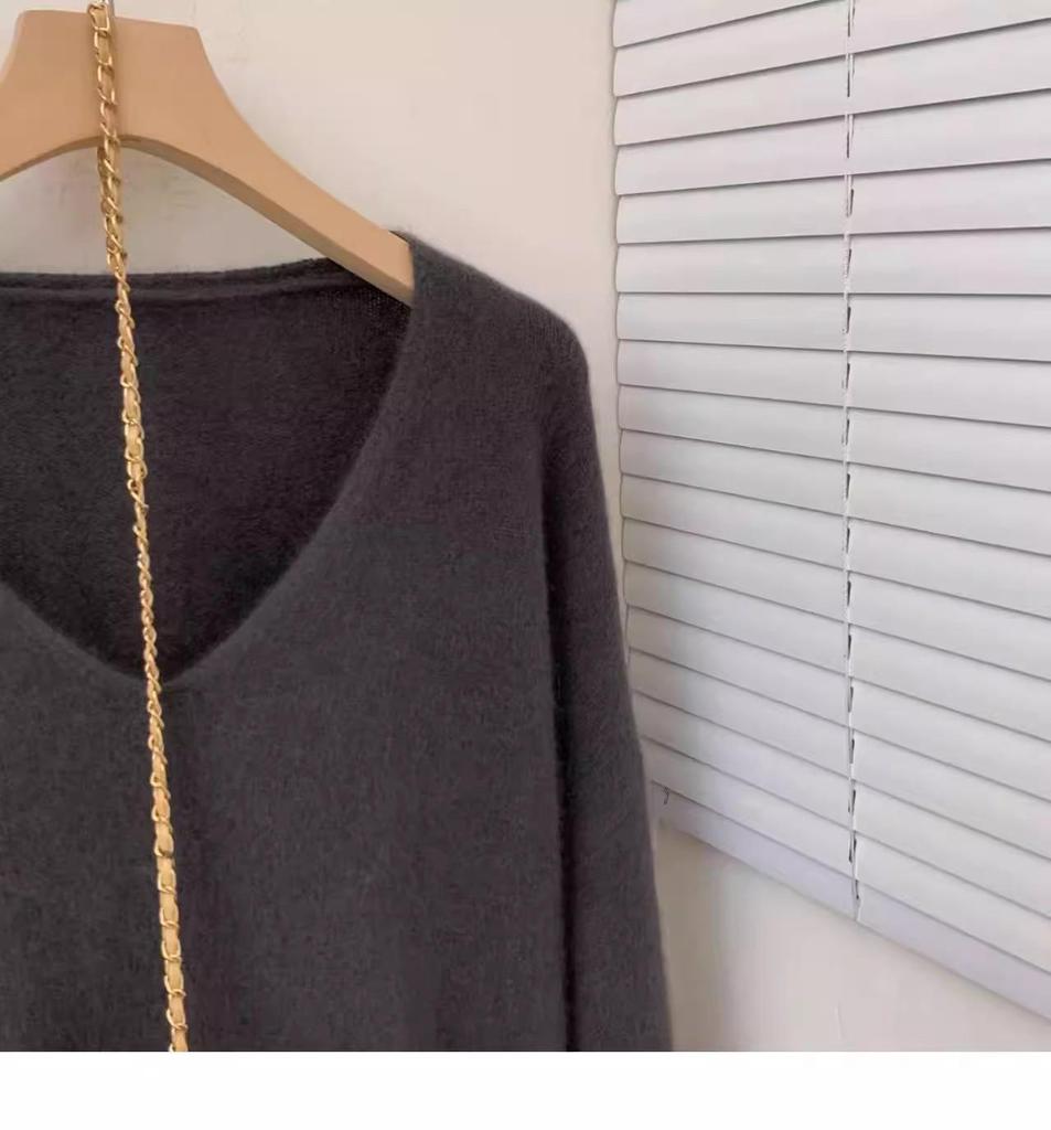 Luxurious V-neck Korean Style Loose Wool Sweater - 100% Pure Soft Knit for Autumn/Winter