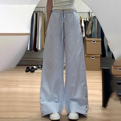 Extended  Length Blue Low  Waist Wide  Leg Casual Trousers for Women  Summer Striped Trousers with Lazy Draping Sense and Floor  Length Design