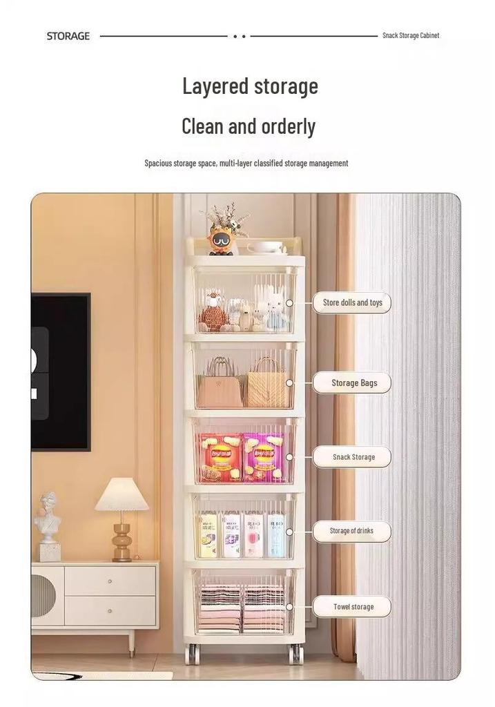 Movable Floor-Standing Baby Toy Storage Rack with Snack and Cream Style Shelves