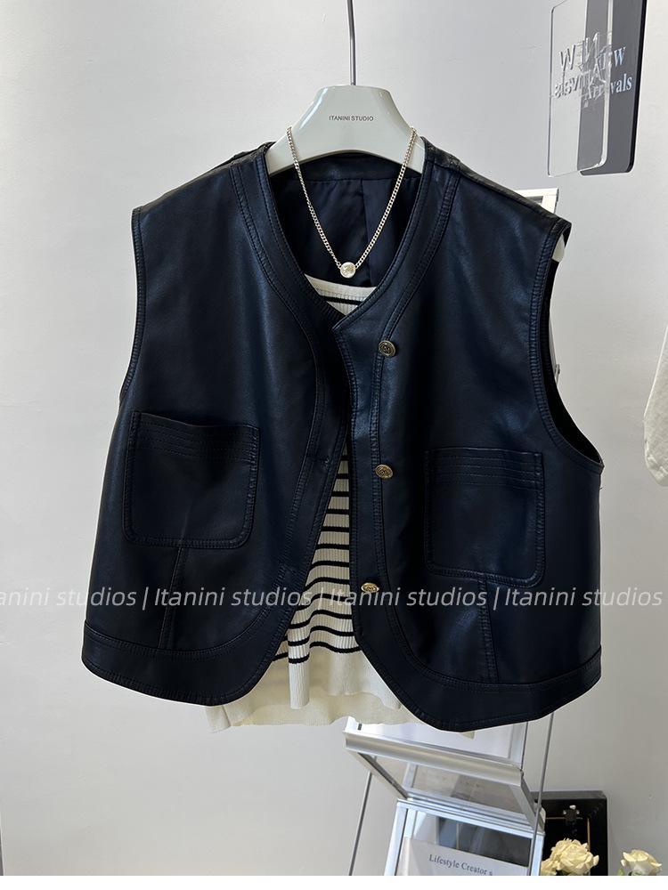 Women's PU Leather Motorcycle Vest - Short Sleeveless Waistcoat, 2025 Autumn Korean Style Outerwear